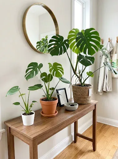 A Trio of Mini Potted Trees on a Console Table